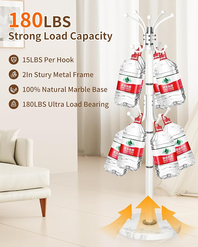 EZIVIEZ Modern Coat Rack Stand, Metal Freestanding Coat Rack with Natural Marble Base, Coat Racks with Umbrella Holder,Coat Hanger Stand with 12 Hooks for Office, Entryway (White-360° Rotary 14 Hooks)