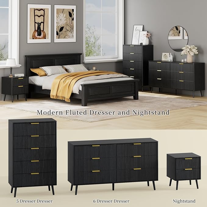 LYNSOM Fluted 5 Drawers Dresser, 45" Tall Modern Chest of Drawers with Curved Profile Design and Metal Handle, Wood Drawer Organizer for Bedroom, Living Room, Hallway, Entryway, Black