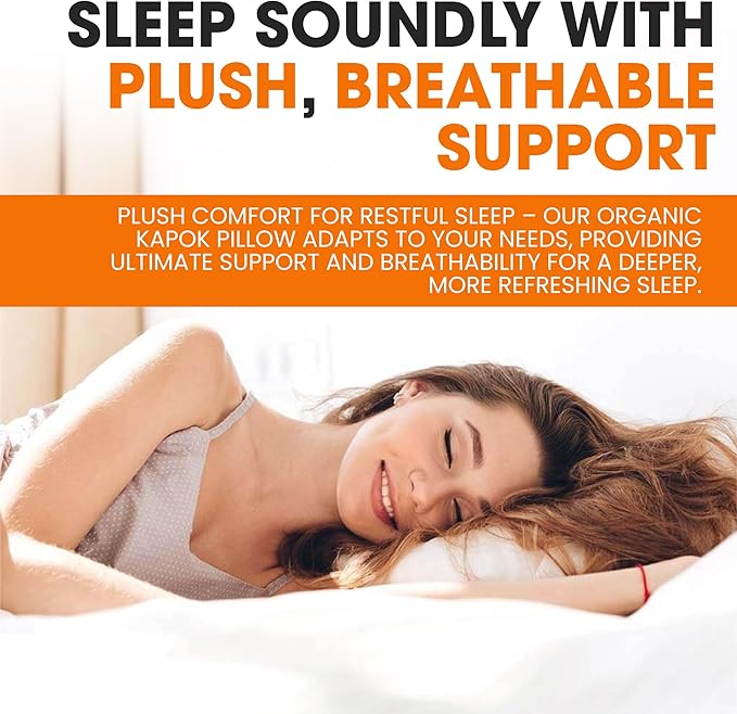 Cheer Collection Set of 2 Organic Kapok Bed Pillows, Natural Kapok Fiber Filled Sleeping Pillows with Breathable Cotton Shell, King Size, 20 x 36 inches