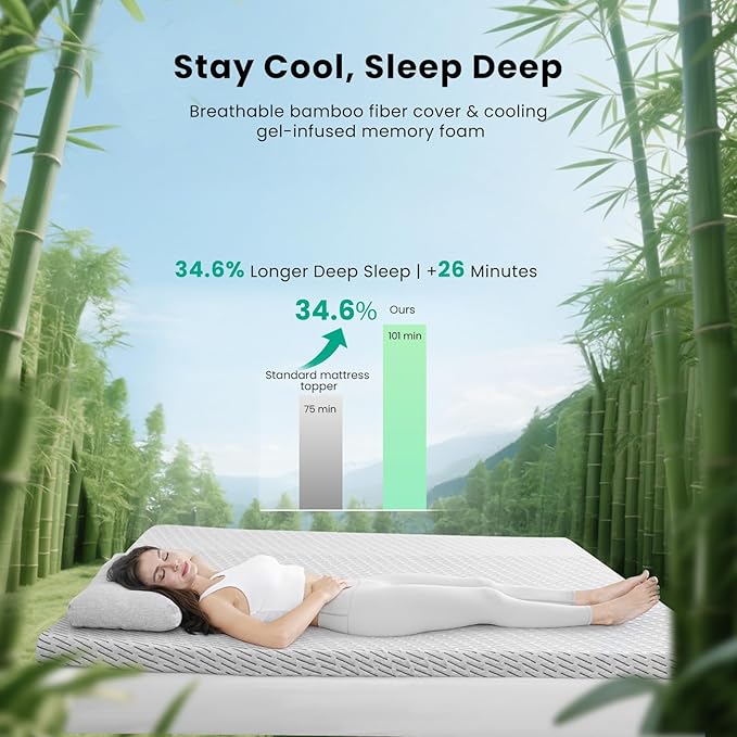 Bamboo Mattress Topper Twin Size 2 Inch, Cooling Gel & Bamboo Charcoal Memory Foam Mattress Topper for Back Pain Relief, Firm Dual-Layer Foam Bed Pad with Removable Cover College Dorm