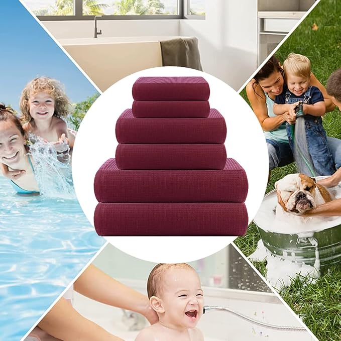 CASA COPENHAGEN Waffle Terry Towel 6Pcs Set, Cotton Extra Large Luxurious- Burgundy, 2Bath Sheets XL- 35 x 70 Inch, 2Large Hand Towels- 20 x 31Inch, 2Large Washcloths- 16 x 16 Inch