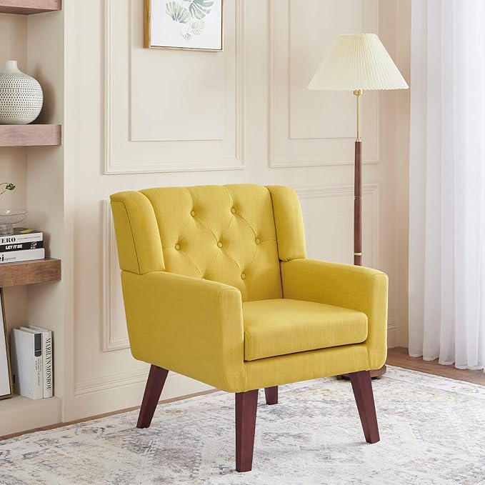 Accent Chair Button-Tufted Upholstered Living Room Chairs Comfy Reading Chair Mid Century Modern Chair with Linen Fabric Lounge Arm Chairs for Living Room Bedroom (Yellow)