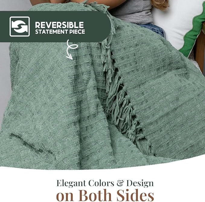 Folkulture Throw Blanket | (60 x 50) Chunky Knit Blanket for Bed, Couch | Boho Chenille White Thick Knitted Throw Blanket | Ultra Soft, Plush, Lightweight, Machine Wash and Giftable (Sage Dream)