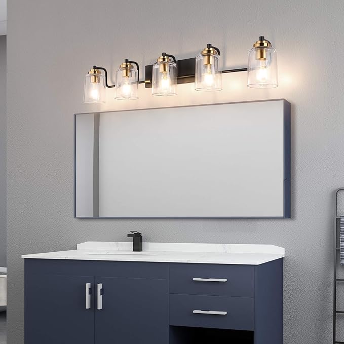 SOLFART Vintage Vanity Lights for Bathroom 5 Light Bathroom Vanity Light Black Metal with Clear Glass Brass Fixtures Wall Mount Lighting Wall Sconce