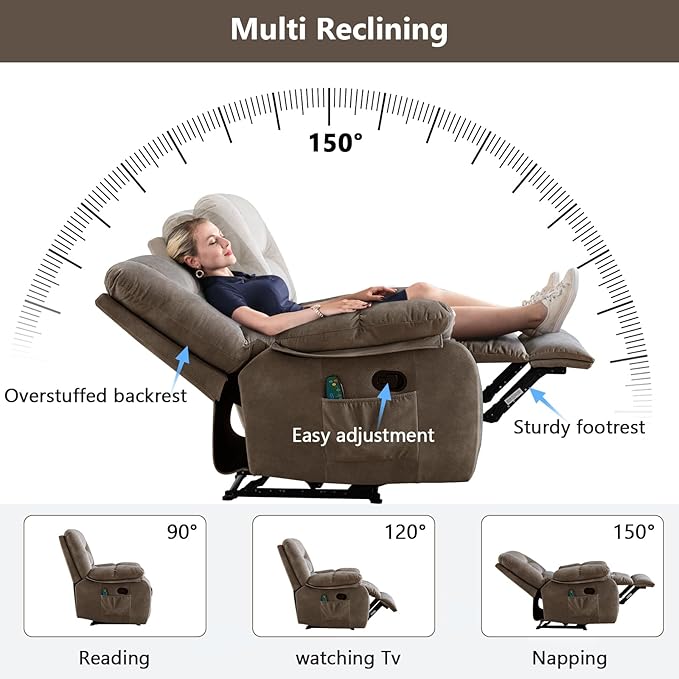 ANJHOME Overstuffed Massage Recliner Chairs with Heat and Vibration, Soft Fabric Single Manual Reclining Chair for Living Room Bedroom (Brown)