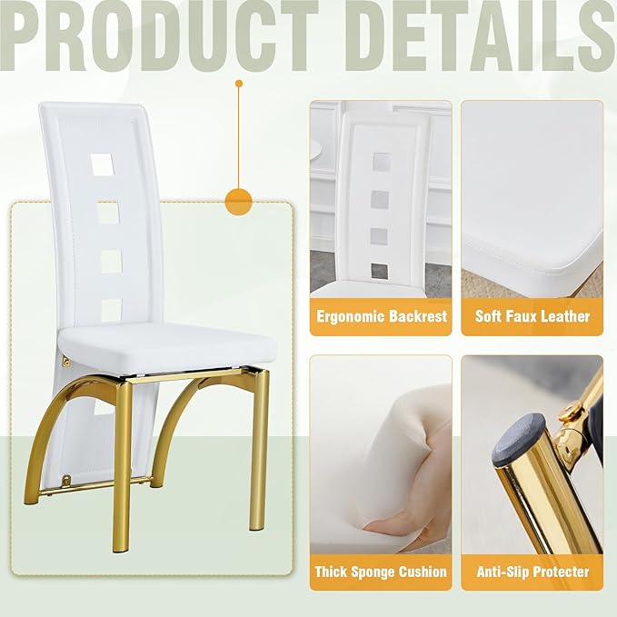 71'' Dining Table Set for 6,Modern Dining Room Table Set for 6,Marble Dining Table with 6 PU Leather Dining Chairs,Gold Dining Room Table with Glossy V-Shaped Base Ideal for Kitchen