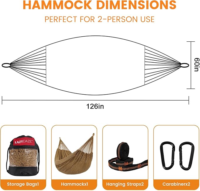 Lazy Daze Hammocks Handwoven Mayan Hammock, 10.5 FT Soft Rope Double Hammocks, Portable Outdoor Hammock with Carry Bag, 2 Straps & carabiners for Patio Outside, 550 lbs Weight Capacity, Tan