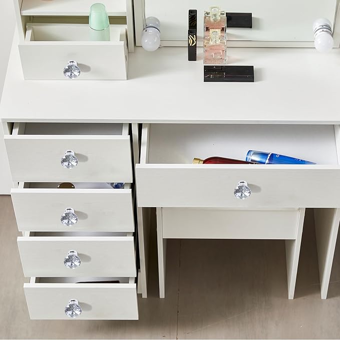 Girls Vanity Set, 3 Color Modes, 5 Storage Drawers 6 Cabinets Makeup Table with Mirror and Lights, White Dressing Table with Cushioned Stool for Home and Bedroom