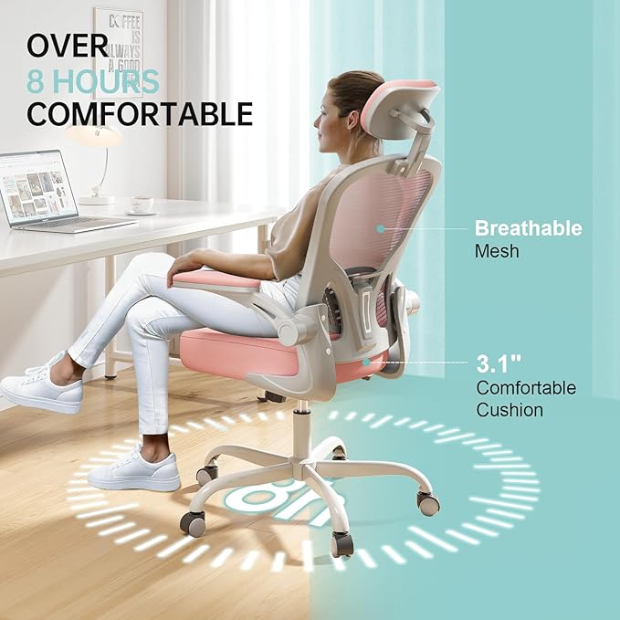Office Chair Ergonomic Desk Chair, 330LBS Capacity, High Back Computer Chair for Long Hours Comfortable, Rolling Swivel Executive Task Chair for Home Office with Flip-up Armrests(Grey Pink)