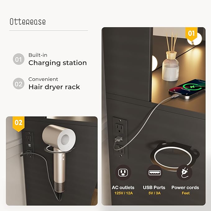 Vanity Desk with LED Lighted Mirror, Makeup Vanity with 3 Adjustable Lights, 2 Large Drawers and 4 Open Shelves, Black Vanity with Storage Stool for Bedroom