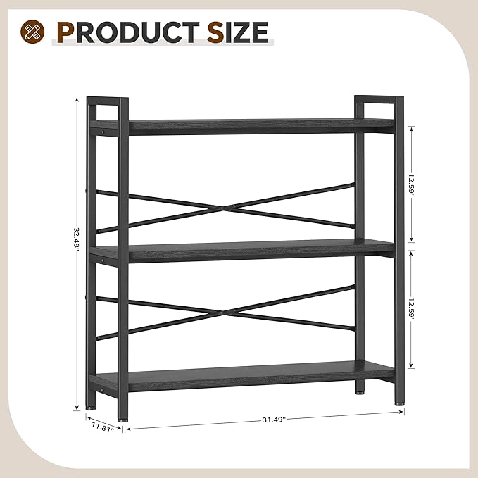 Book Shelf, 3 Tier Bookshelf 31.49" Width, Book Shelf Storage and Organization, Wooden and Metal Industrial Bookcase, Large Book Shelves for Home Living Room Bedroom Office Storage(Black)