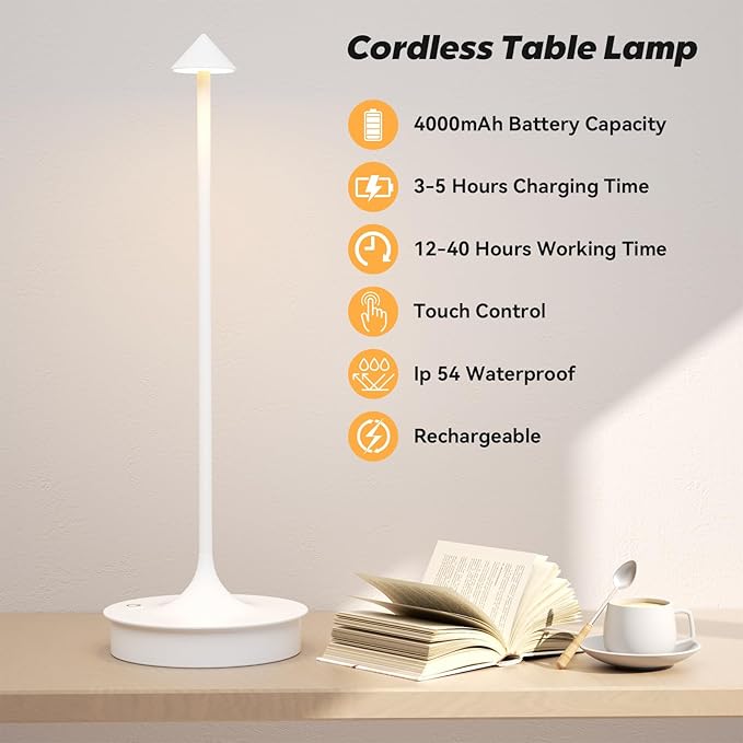 Set of 2 Small Cordless Table Lamp Rechargeable, Battery Operated Desk Lamp, 4000mAh LED Touch Lamp, Dimmable Portable Outdoor Waterproof Wireless Table Light for Restaurants/Bars/Outdoor（White