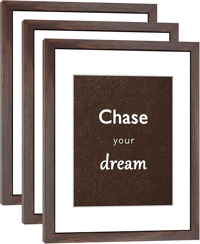11x14 Picture Frame Set of 3 with Real Glass for Pictures 8x10 with Mat or 11x14 Without Mat, Wall Gallery or Tabletop display Photo Frames in Walnut