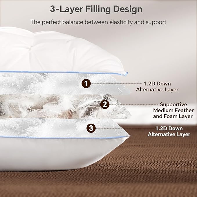 QUTOOL Luxury Hotel Goose Feather Pillow, 100% Cotton Cover, Soft Support Pillow, Suitable for Sleepers on The Back, Sides, and Stomach, Queen Size Bed Pillows Set of 2