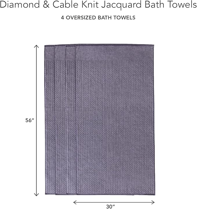 Texere 100% Organic Cotton Jacquard 650 GSM Premium Bath Towel Sets - Extra Absorbent Quick Dry and Plush (Cable, Excalibur, 4 Bath Towels)