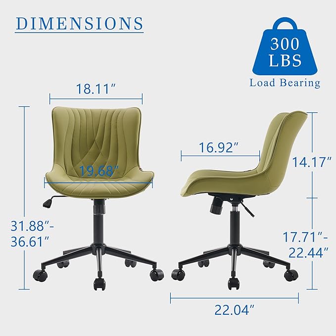 YOUNIKE Office Chair, Armless Desk Chair with Wheels, Home Office Computer Task Chairs, Modern Faux Leather Padded Vanity Chair, Adjustable Swivel Rolling Chairs with Back, Avocado Green