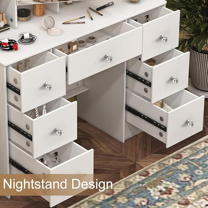 Large Vanity Table, Makeup Vanity with Mirror and LED Lights, 7 Drawers 8 Open Shelves, Crystal Handle, Hollywod Vanity Table for Girls and Women,100 * 40 * 140cm, Modern White