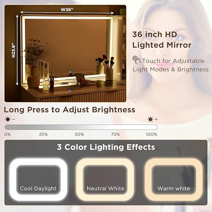 T4TREAM 48" Fluted Makeup Vanity Desk with Large 36" Mirror and Lights, Modern Glass Top Big Vanity Table with 5 Drawers & Adjustable Shelves, Dressing Table Set w/Charging Station for Bedroom, White