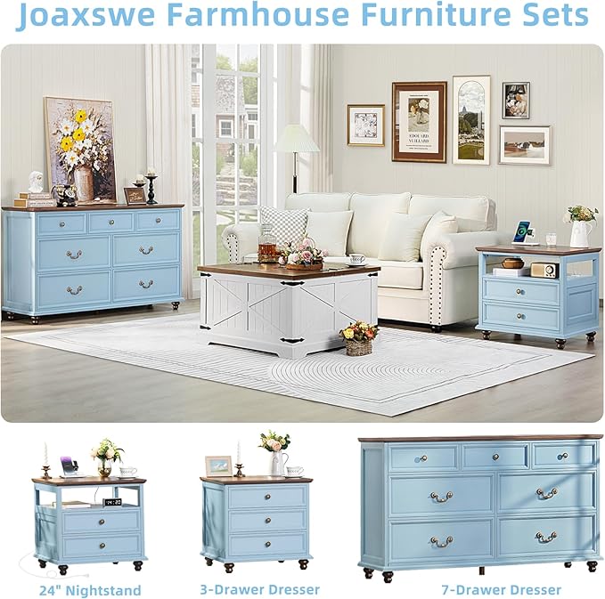 Farmhouse 54" 7 Drawers Dresser for Bedroom, Wide Wood Chest of Drawers w/ 4 Wooden Legs, Vintage Large Storage Dressers Organizer for Hallway, Rustic TV Stand for Living Room, Light Blue
