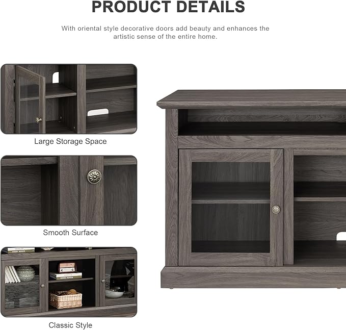 HMFULE 60" Farmhouse TV Stand for 60 65 Inch Television, Entertainment Center with 2 Storage Cabinets Glass Doors & Adjustable Shelves, Rustic Media Console Furniture for Living Room (Dark Walnut)