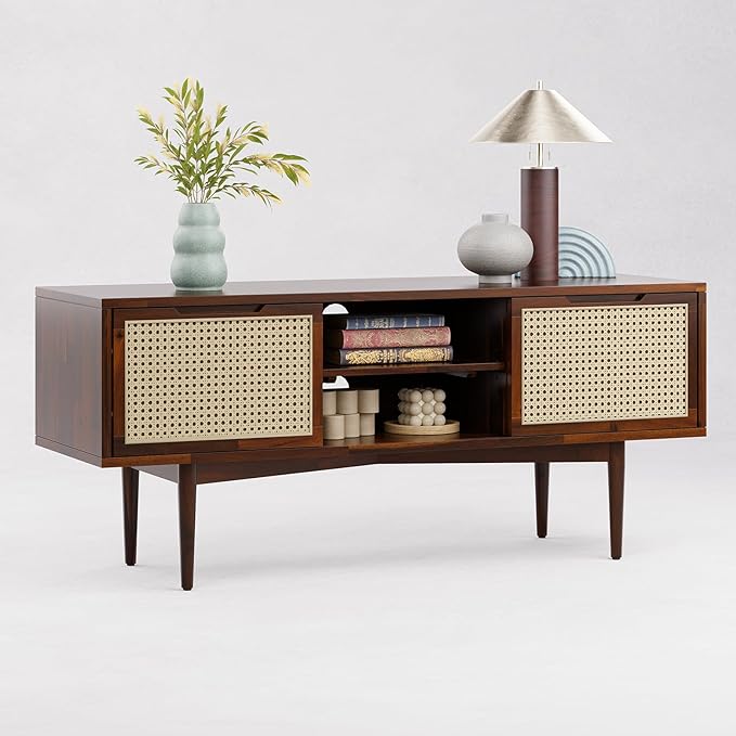 Bme Oliver TV Stand for TVs up to 55", Mid-Century Solid Wood TV Console with Natural Rattan Door, Media TV Console, Entertainment Center with Storage, Fluted Media Cabinet for Living Room, Walnut