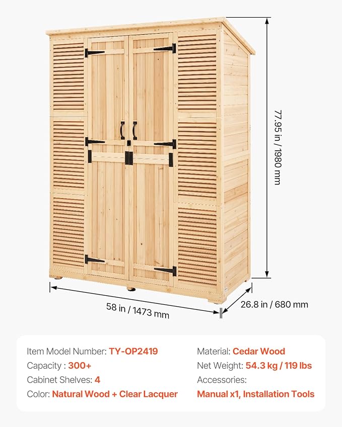 VEVOR Outdoor Storage Shed, Oversize Wooden Outside Storage Cabinet with Waterproof Roof and Metal Frame, Double Lockable Doors Garden Tool Shed Storage House Cabinet with Shelves & Floor, 58"x27"x78"