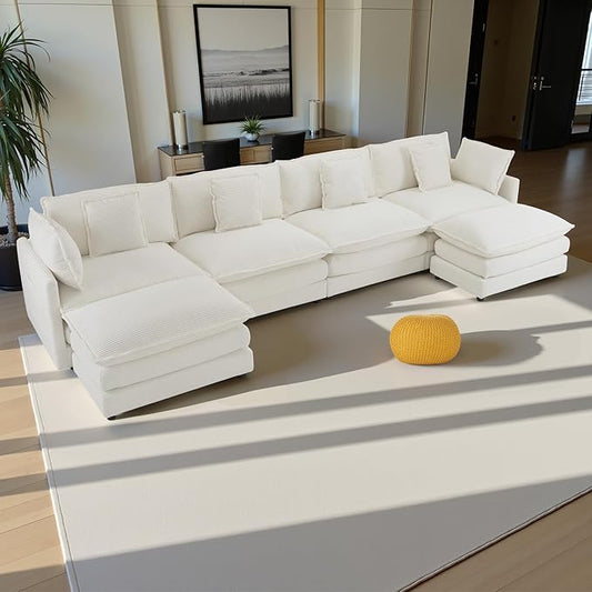 149.6" Sectional Couch, Upholstered Modular Sofa L Shaped Couch with Ottoman, Sectional Couches for Living Room and Office, Beige