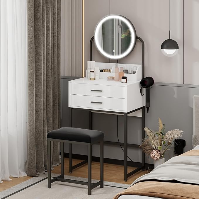 ARTETHYS Small Vanity Desk with Lighted Mirror and Lights Compact Makeup Set with Drawers for Bedroom Mini White Modern Dressing Table with Chair