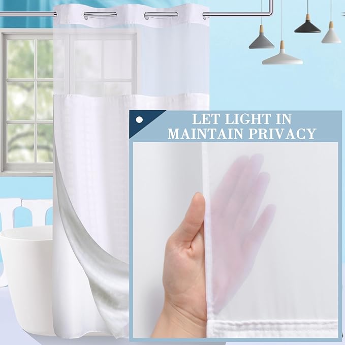 Conbo Mio Stall No Hook Shower Curtain with Snap in Liner Set, Hotel Luxury White Fabric Shower Curtains for Bathroom with See Through Top Window, Washable, Waterproof 36W x 74H
