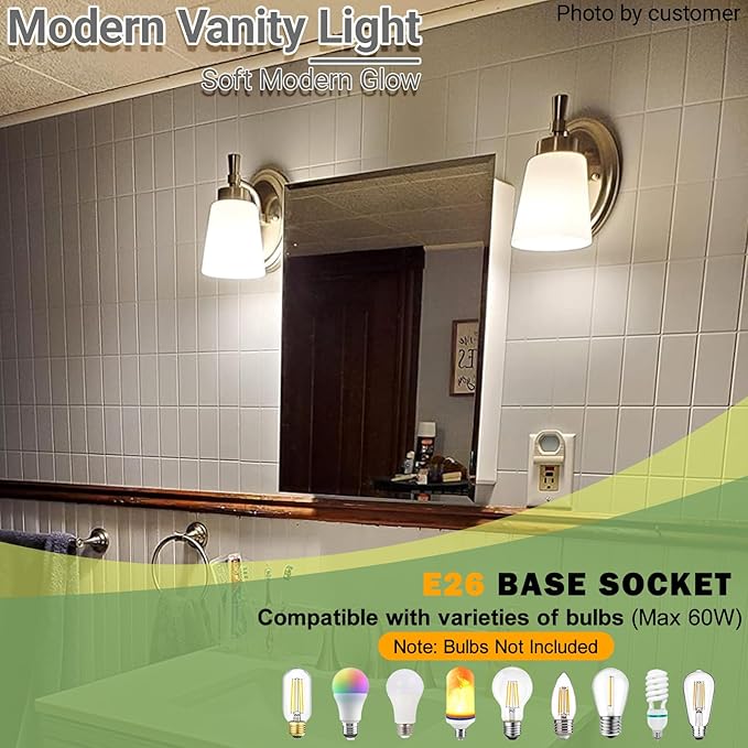 GRUENLICH Wall Sconce, Modern Vanity Light, for Bathroom, Bedroom, Sitting Room, E26 Base 60W Max, Metal Housing with Glass, Nickel Finish, 1-Pack