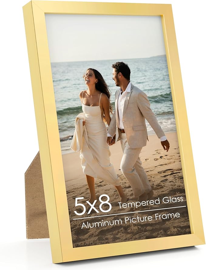 5x8 Metal Picture Frame - Gold Aluminum Photo Frames-Real Real Glass,Tabletop Display,Mounting Horizontally or Vertically Decor for Wall Gallery Poster Photo 5x8 Frames, Gold