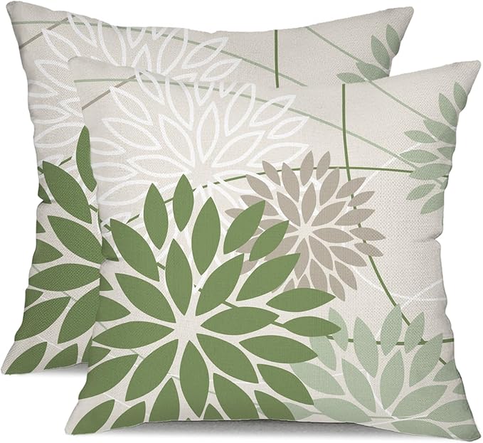 Dark Light Green and Grey Floral Pillow Covers 18x18 Set of 2 Outdoor Pillows Covers Waterproof Spring Summer Pillowcovers Polyester Cushion Case Decor for Couch Patio Funiture Garden Porch 01V18
