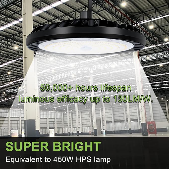 2 Pack LED High Bay Light 150W, 5000K UFO LED High Bay Light Fixture with US Plug [450W MH/HPS Equiv.] 120-277V, 19,500lm, IP65 Commercial Warehouse Area Light for Wet Location