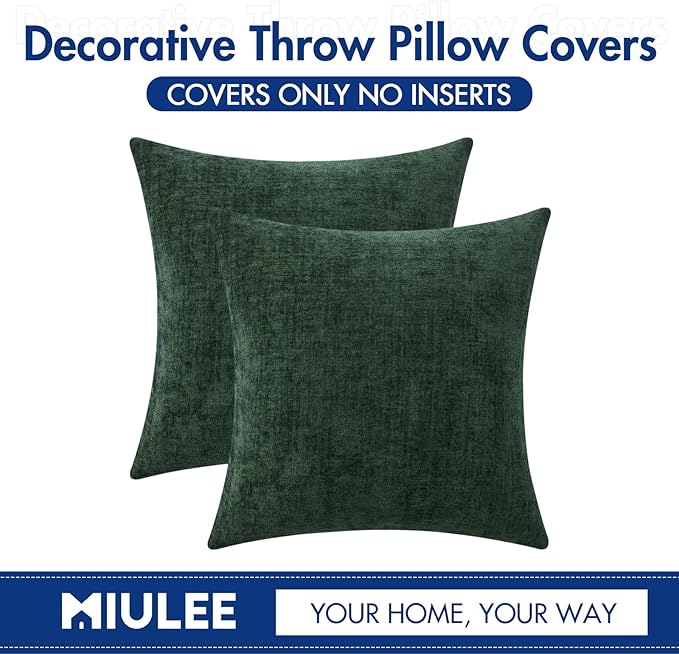 MIULEE Pack of 2 Green Throw Pillow Covers 16x16 Inch Soft Chenille Pillow Covers for Sofa Living Room Couch Solid Dyed Cases
