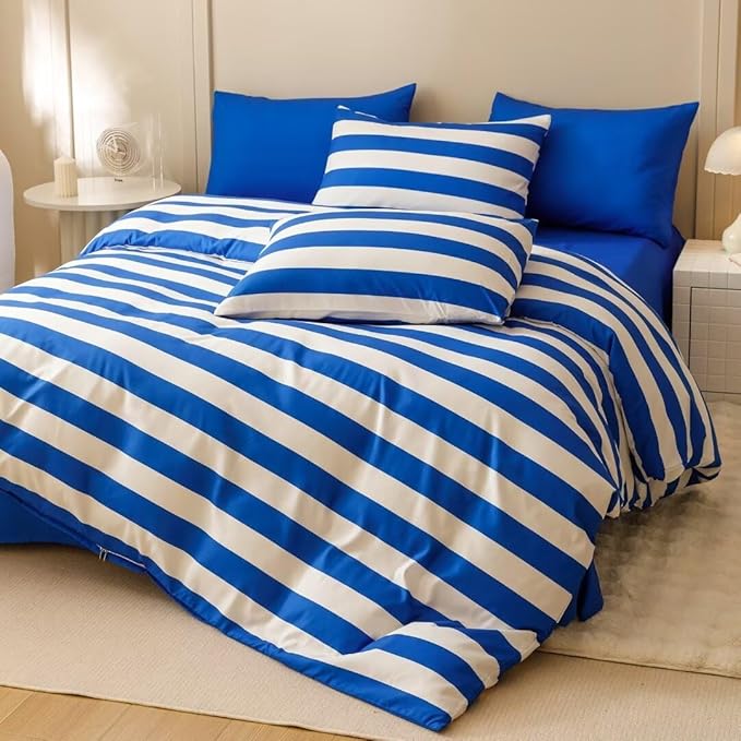 CLOTHKNOW Blue Striped Queen Comforter Set Farmhouse Bedding Comforter Sets Boho Comforter Queen Farmhouse Comforter with 2 x Pillow Cases