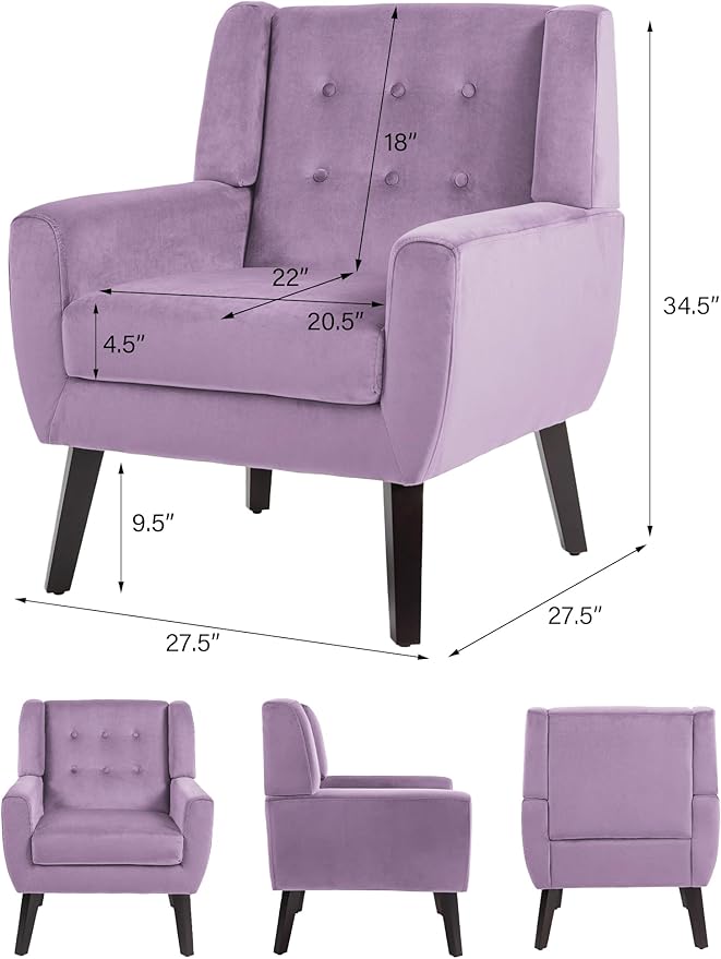 Accent Chair, Mid-Century Modern Velvet Fabric Chairs with Arms for Living Room, Comfy Upholstered Club Single Sofa Armchair for Bedroom Waiting Room with Solid Wood Frame (Velvet Purple, Set of 2)