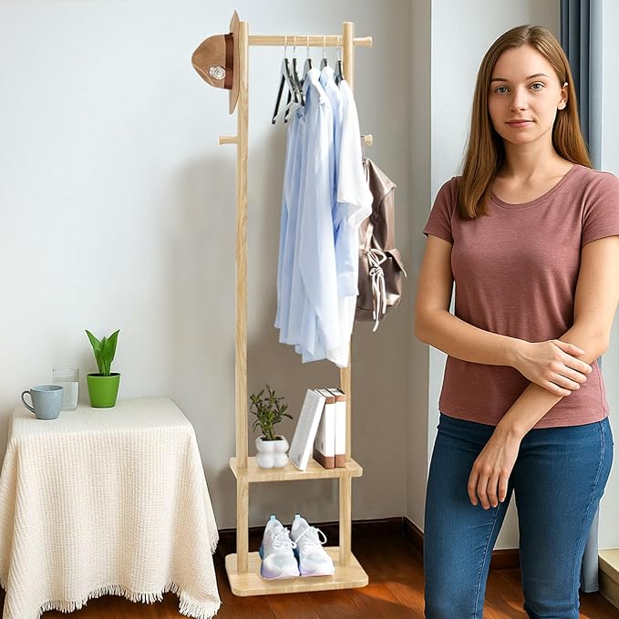 Wooden Coat Rack Freestanding,Hall Tree with Sturdy Base,Clothing Rack for Hanging Clothes,Small Clothes Rack with 3 Storage Shelves,Space Saving for Entryway, Hallway, Bedroom (Natural)