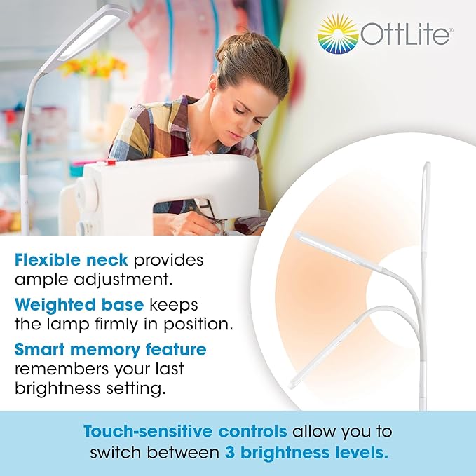 OttLite ClearSun Flex LED Floor Lamp with LED Technology - Touch Activated Controls, Adjustable Neck, Smart Memory Feature - Great for Office, Home, Dorm, Bedroom, College, & Living Room