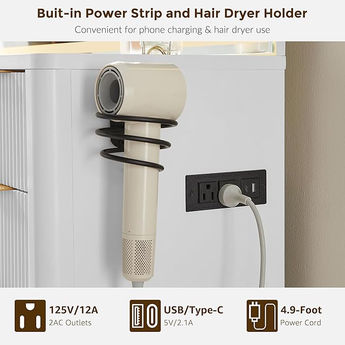 T4TREAM 48" Fluted Makeup Vanity Desk with 48" Large Mirror and HD LED Lights, Modern Vanity Table with 9 Drawers & Charging Station, Glass Top and Golden Handles Dressing Table for Bedroom, White