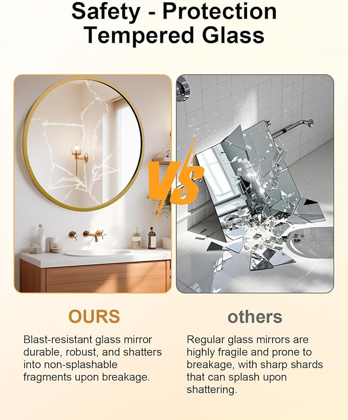 Round Bathroom Mirror 30" X 30" Wall Mount Dresser Metal Frame Mirror Over Sink Vanity Hungs Horizontally Or Vertically for Bedroom, Entryway, Living Room,Gold