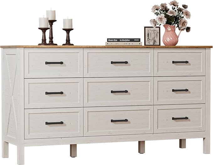 LYNSOM Farmhouse 9 Drawers Dresser for Bedroom, 55" Wide Wood Rustic Chest of Drawers with Natural Texture, Metal Handle, Storage Dressers Organizer for Entryway, Hallway, Antique White