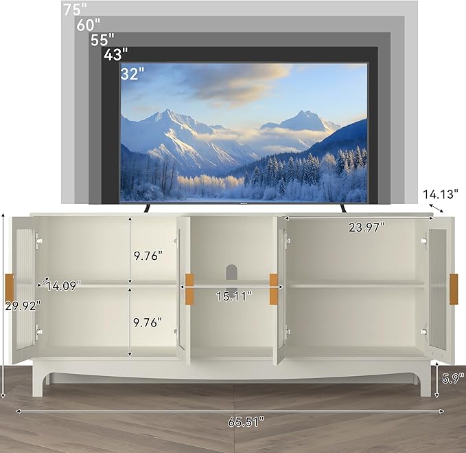 65 Inch White TV Stand for TVs up to 70+ inch, Mid Century Modern Glass Door TV Console Table, Entertainment Center with Storage Cabinet, Wood Media Console for Bedroom, Living Room (White)