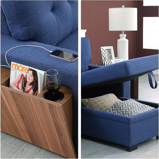 L-Shape Sofa Bed, 92" Sectional Couch with Storage Chaise, Pull Out Sleeper Sofa with Side Compartment, Convertible Corner Couch for Living Room Apartment, Blue