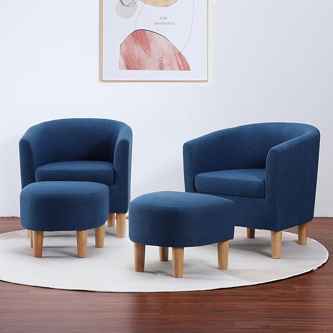 DAZONE Accent Chair Set of 2 Mid Century Modern with Ottoman Comfy Armchair Footrest Comfortable Living Room Chairs Upholstered Barrel Round Club Tub Sofa for Bedroom Reading Blue (D79402)