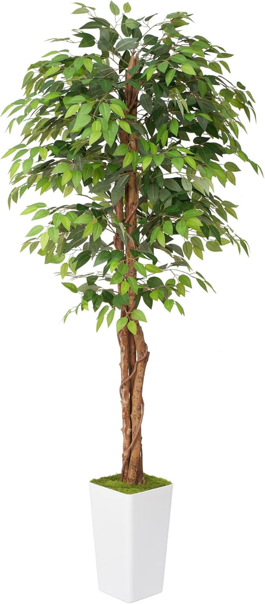 Artificial 7Ft Ficus Silk Tree with Tall Planter - Faux Plants Indoor with Natural Wood Trunk - Large Tall Fake Plants for Home Office Living Room Patio Decor