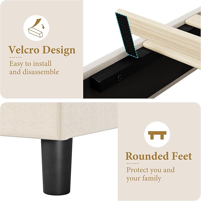 GAOMON Beige Twin Upholstered Bed Frame, Heavy-Duty Platform Bed Frame with Upholstered Headboard & Strong Wood Slats, No Box Spring Needed/Noise Free/Easy Assembly