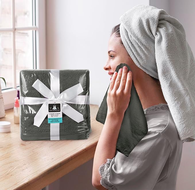 Towel and Linen Mart 100% Cotton - Wash Cloth Set - Pack of 4, Quick Dry, Luxurious, Highly Absorbent and Soft Feel Premium Spa & Hotel Perfect for Daily Use (12 X 12 Grey)