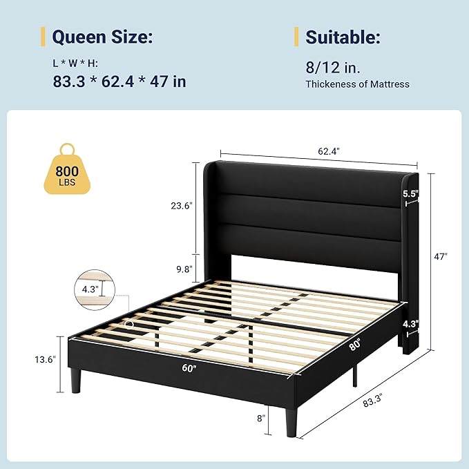 Allewie Queen Size Platform Bed Frame with Velvet Upholstered Wingback Headboard, No Box Spring Needed, Under Bed Storage Space, Strong Wooden Slats, Modern Mattress Foundation, Easy Assembly, Black