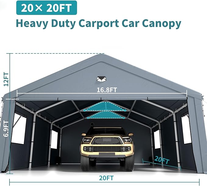 Carports 20X20 Heavy Duty,Car Ports with 180G Removable Side Walls,Carport Canopy,Portable Car Port Garage,Car Shelter All Weather,Gray