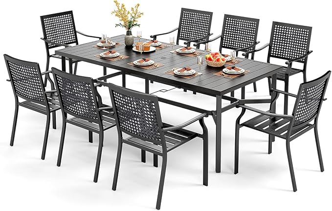 PHI VILLA 9 Pieces Outdoor Dining Set for 8, Large Rectangular Metal Dining Table with Umbrella Hole & Stackable Wrought Iron Chairs, Dining Furniture for Patio, Deck, Yard, Porch
